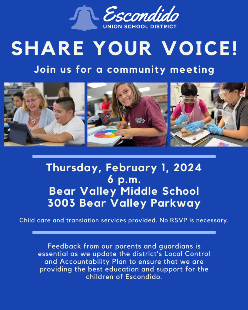 Flyer with blue background feature EUSD bell logo and three photos of students and a teacher and information about LCAP meeting.