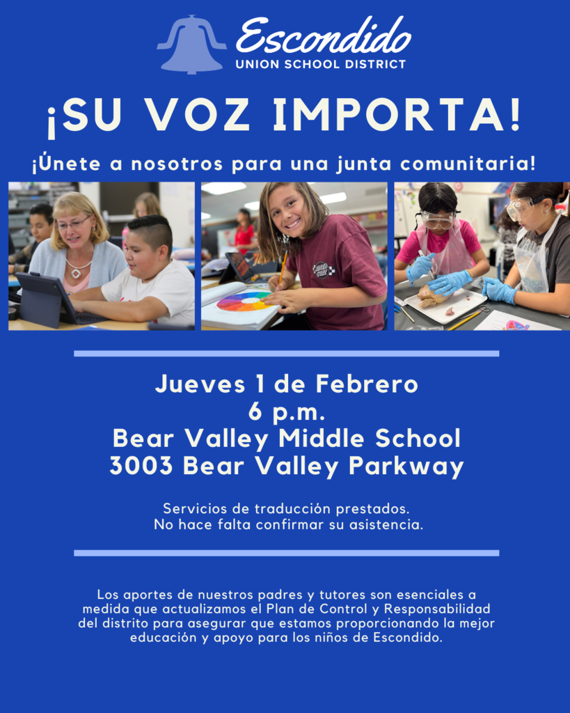 Folleto con fondo azul que presenta el logotipo de la campana del EUSD y tres fotografías de estudiantes y un maestro e información sobre la reunión LCAP.