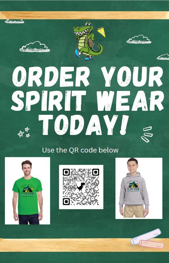 Flyer about spirit wear, there is an adult wearing a green shirt with Gator logo in the middle and there is also a student wearing a gray sweater with a gator in the middle