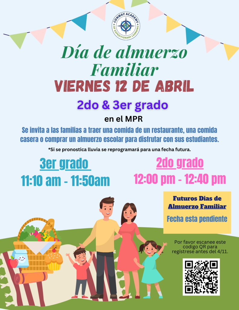 El Día Familiar en el Almuerzo para familias de estudiantes de 2do y 3er grado está programado para el viernes 12 de abril en el MPR. Se invita a las familias a traer aquí una comida comprada en la tienda, una comida casera o comprar un almuerzo escolar. *Si se pronostica lluvia, el evento será reprogramado para una fecha futura. El almuerzo de 3.er grado es de 11:10 a. m. a 11:50 a. m. El almuerzo de 2do grado es de 12:00 pm a 12:40 pm. Se está preparando un futuro Día Familiar durante el almuerzo. Si planea asistir, regístrese previamente antes del jueves 11 de abril al mediodía.