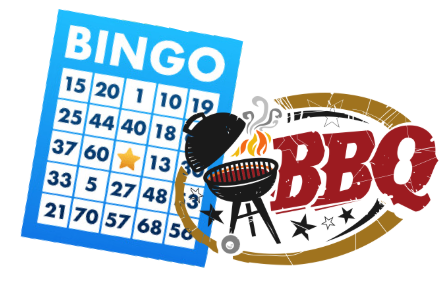 Bingo card and BBQ graphic with a grill and flames.