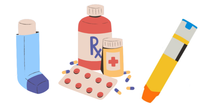 Illustration of an asthma inhaler, a medicine bottle labeled "Rx", a pill bottle with a red cross, a blister pack of pills, scattered capsules, and an epinephrine auto-injector.