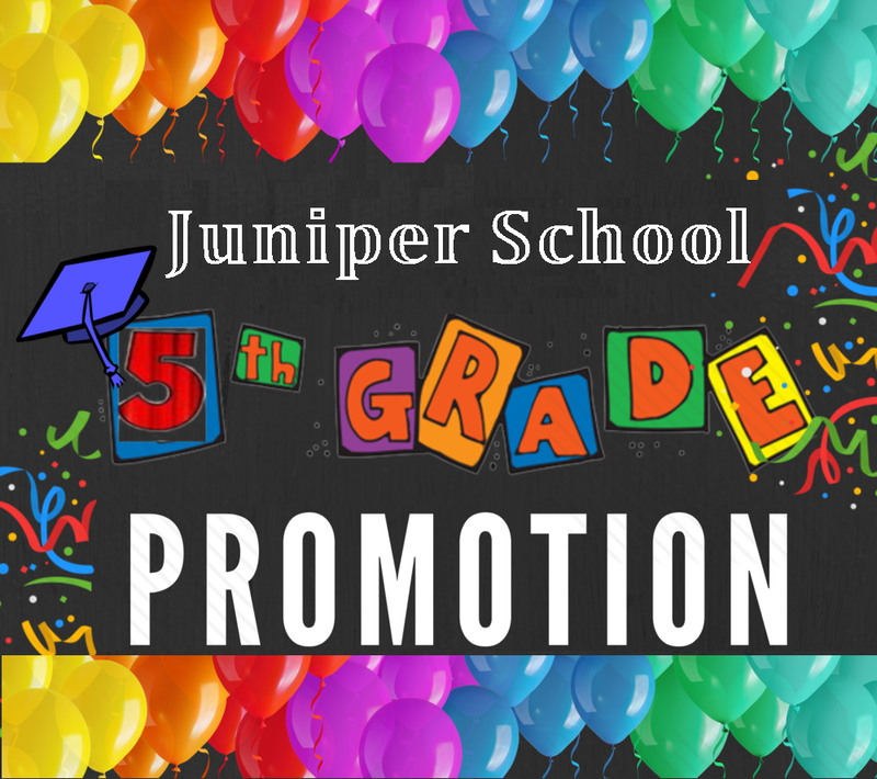 5th-grade promotion announcement with colorful balloons and festive decorations.