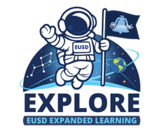 A logo featuring an astronaut holding a flag against a cosmic background, with the word "EXPLORE" and "EUSD EXPANDED LEARNING" beneath.