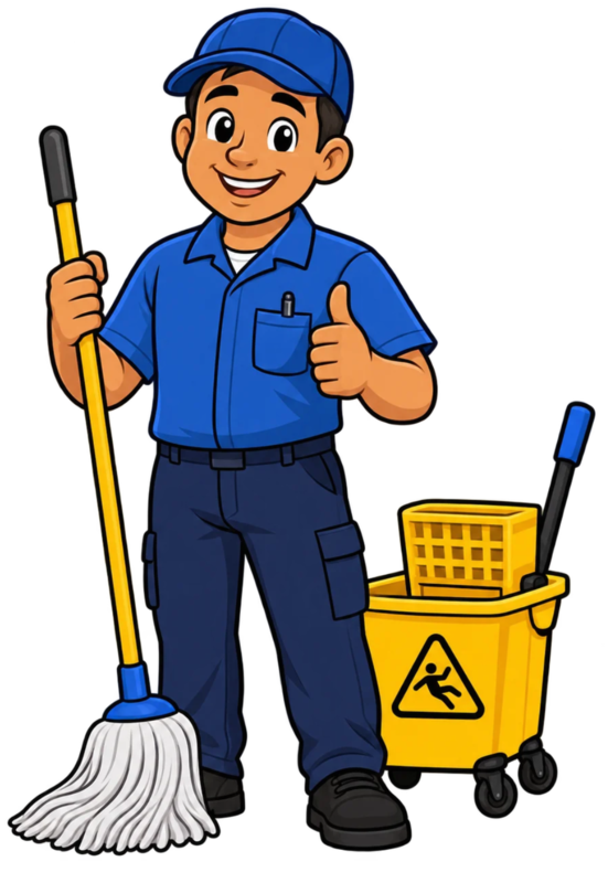 Cartoon janitor in a blue uniform giving a thumbs-up while holding a mop beside a yellow cleaning cart.