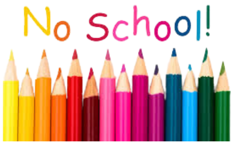A row of brightly colored pencils with the phrase No School! above them.