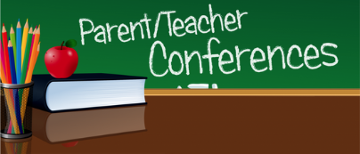 Classroom scene with a chalkboard reading Parent/Teacher Conferences, a stack of books with a red apple, and colored pencils.
