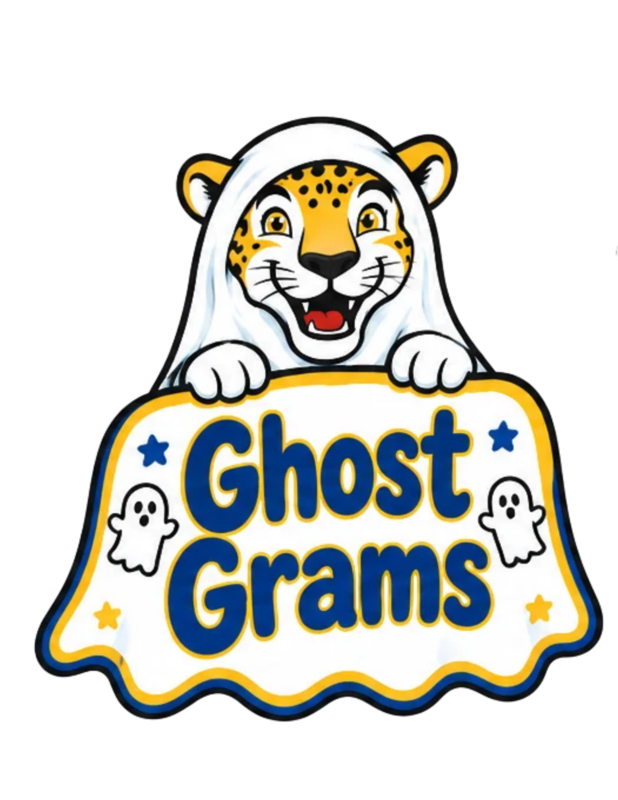 Cartoon ghost jaguar peeking over a decorative sign labeled “Ghost Grams.”