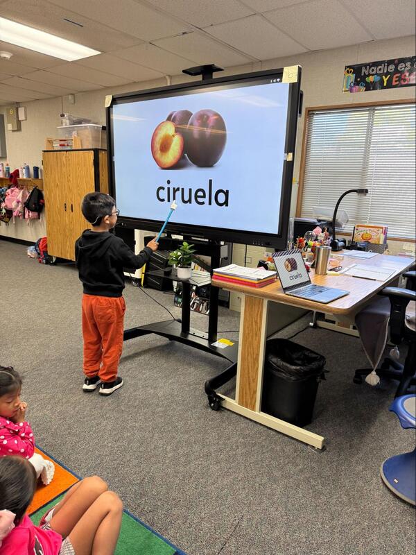 A student points to a word on a television that says, "Ciruela."