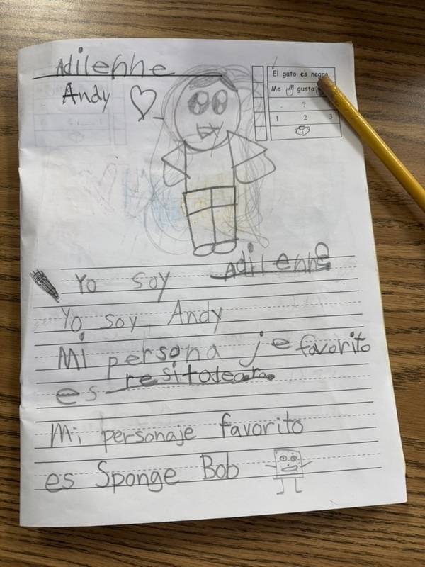 A student's worksheet about Spongebob in Spanish with a drawing.