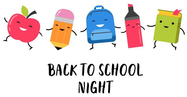 Cartoon characters of an apple, pencil, backpack, highlighter, and book above the text "Back to School Night."