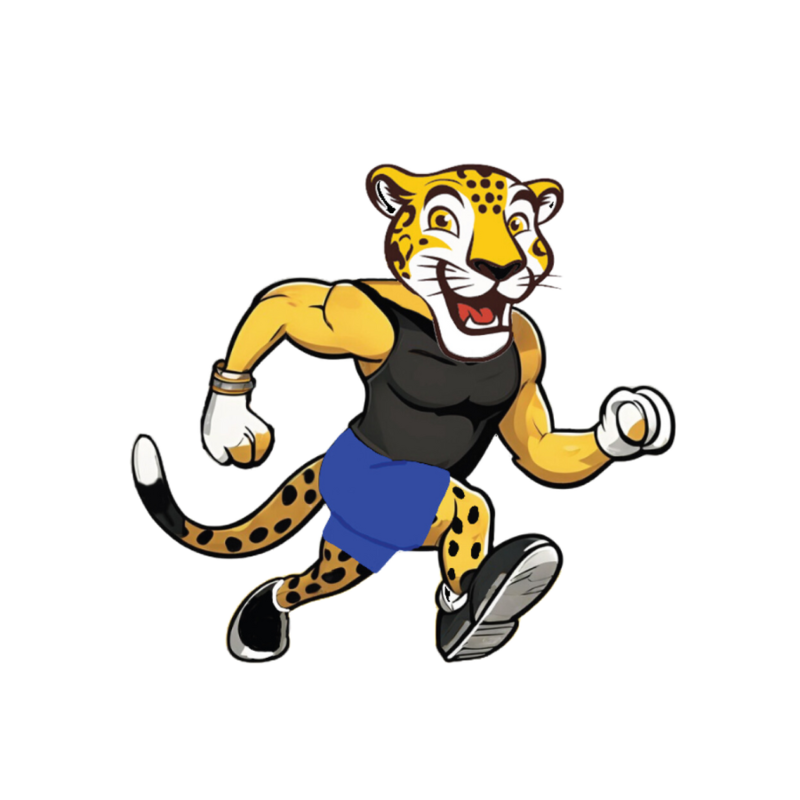 A cartoon jaguar character runs energetically, wearing a black tank top, blue shorts, sneakers, and white gloves. It has a wide grin and a spotted tail.