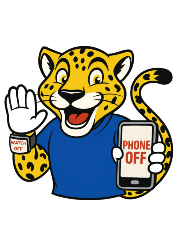 Cartoon jaguar with a blue shirt holding a phone showing "PHONE OFF" and a watch displaying "WATCH OFF" text.