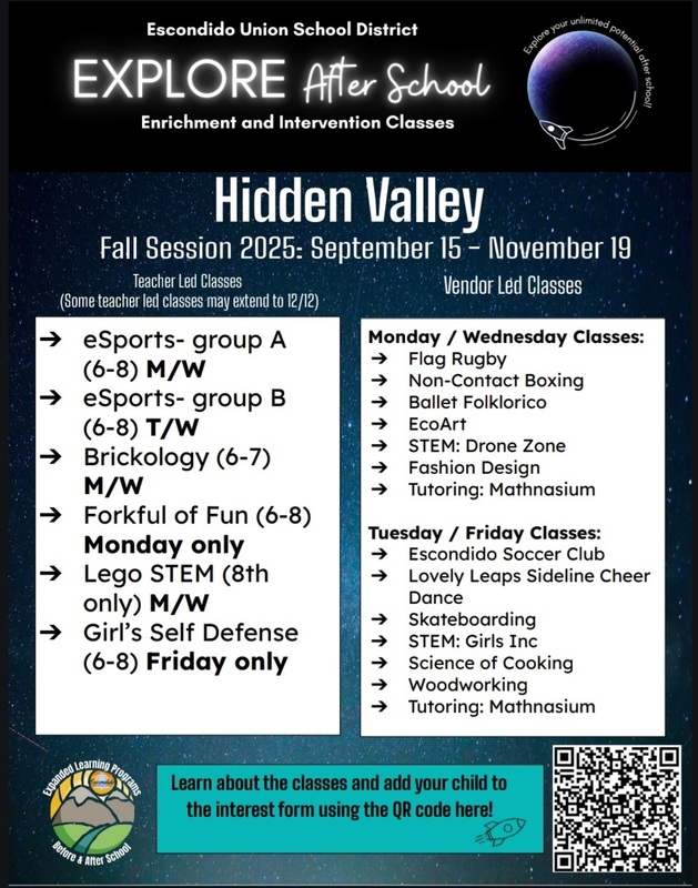 Flyer for Escondido Union School District “Explore After School” Enrichment and Intervention Classes at Hidden Valley.