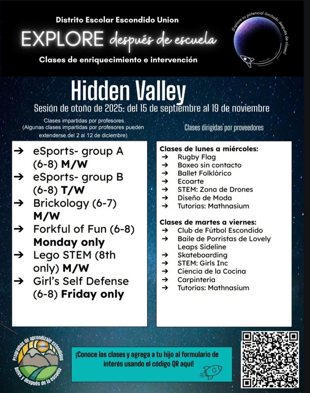 Flyer in Spanish for Escondido Union School District “Explore After School” Enrichment and Intervention Classes at Hidden Valley
