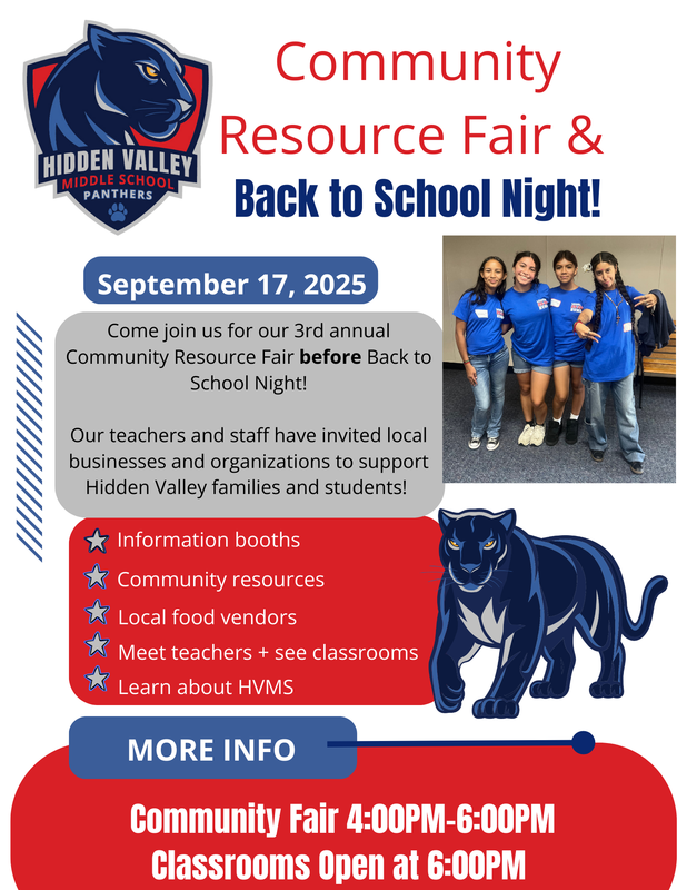 Flyer about HVMS Community Fair & Back to School Night, Sept 17, 2025. Fair 4–6 PM, classrooms open at 6 PM.