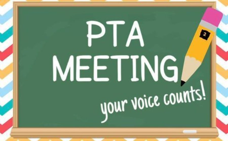 Chalk board with the words PTA Meeting your voice counts! with a pencil next to it a pencil