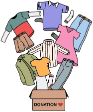 A variety of clothing items emerging from a donation box.