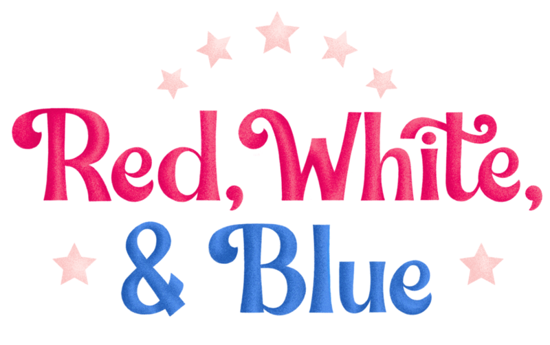 "Red, White, & Blue" with pink stars on a white background.