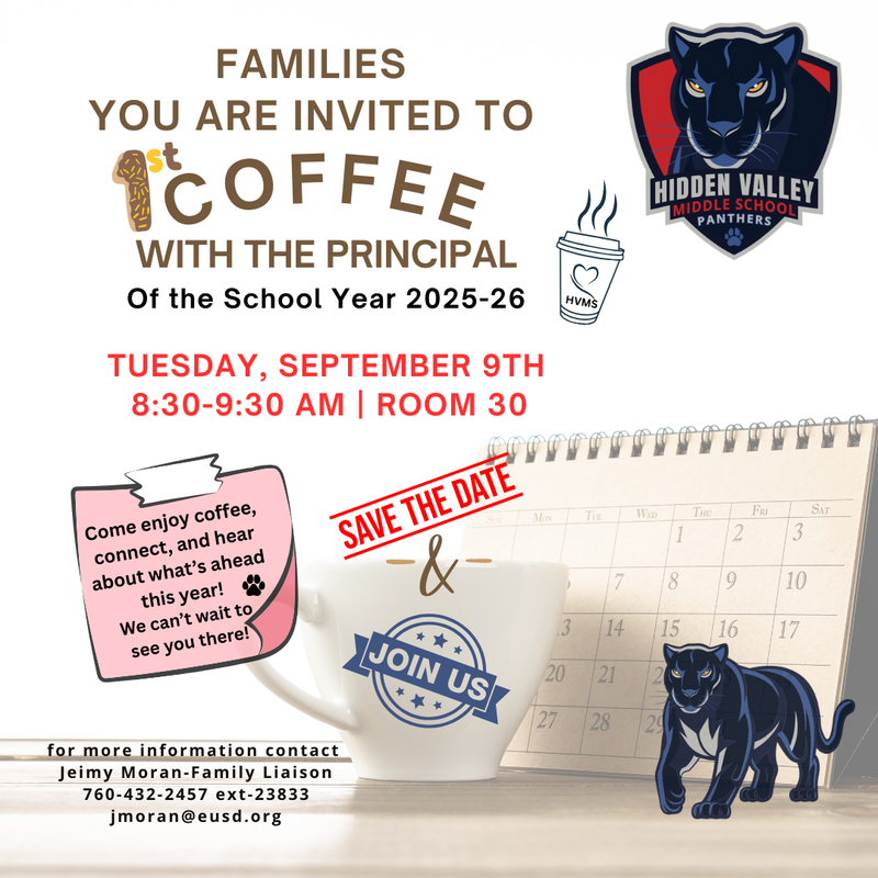 Flyer in about Coffee with the Principal, Sept. 9, 8:30–9:30 AM, Room 30.