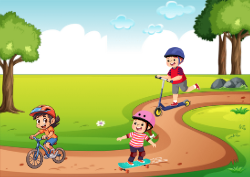 A group of kids riding scooters and riding bikes