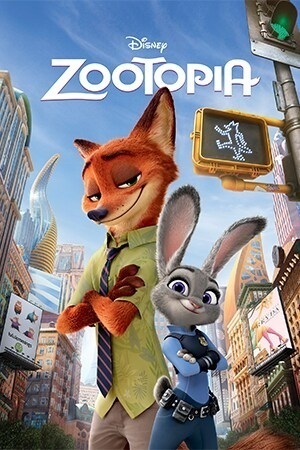 Animated 'Zootopia' movie poster featuring a fox and a rabbit in a cityscape.