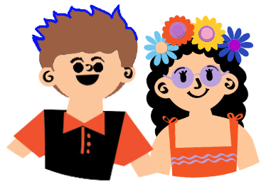 2 cartoon characters, one with styled hair and a black vest, the other with a floral crown and glasses.