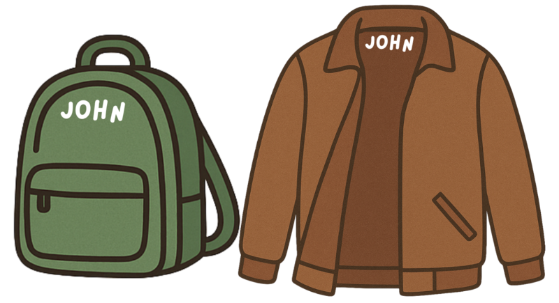 A green backpack and brown jacket with the name John