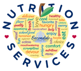 Apple-shaped logo with colorful words related to food and bold text NUTRITION SERVICES.