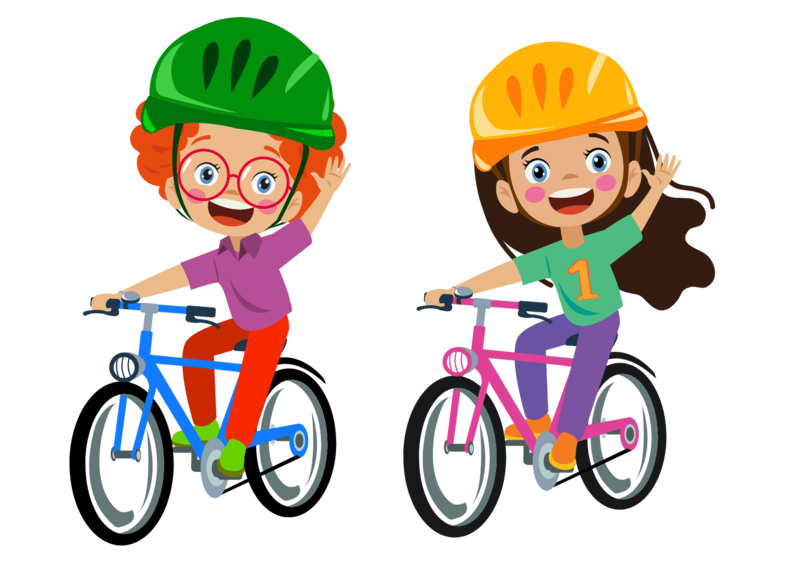 Two animated children waving while riding bicycles