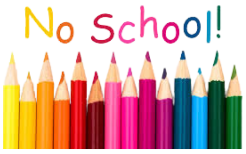 A row of brightly colored pencils with the phrase No School! above them.