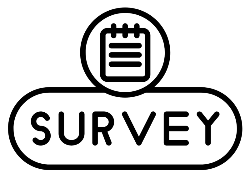 Black outline icon with the word SURVEY below a circular symbol featuring a notepad with horizontal lines, indicating a survey or questionnaire.