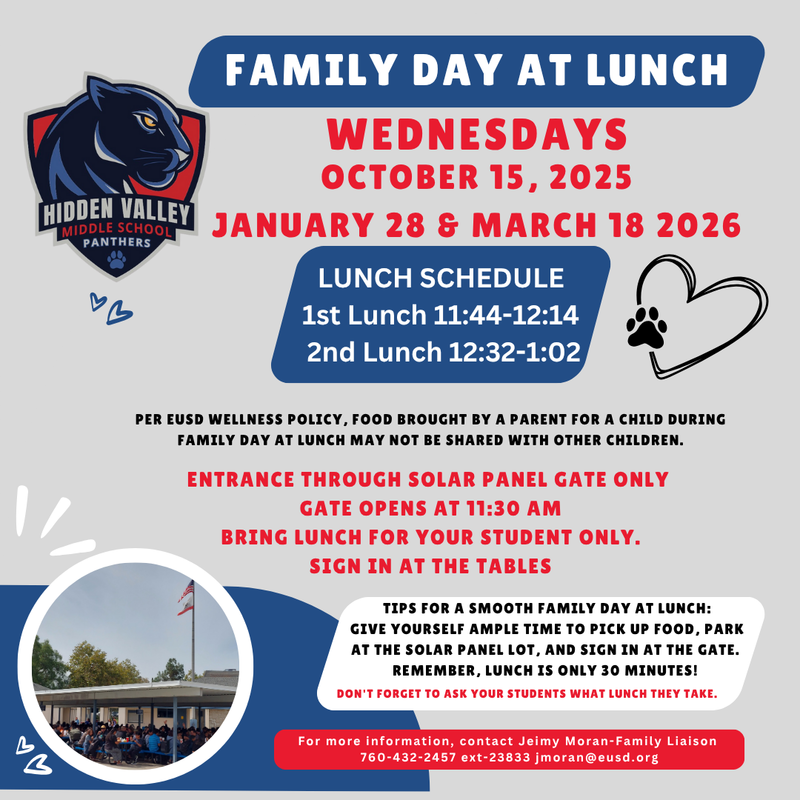 Flyer about Family Day at Lunch event at Hidden Valley Middle School.