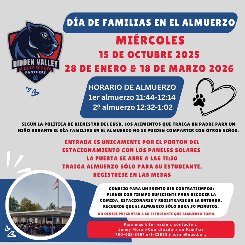 Flyer in Spanish about Family Day at Lunch event at Hidden Valley Middle School.
