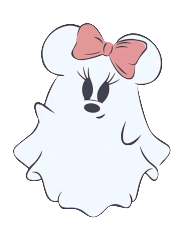 Cartoon of a ghost with a pink bow
