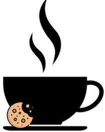A black silhouette of a steaming coffee cup on a saucer, with a small illustrated chocolate chip cookie resting against the cup’s side. The cookie has a bite taken out of it.