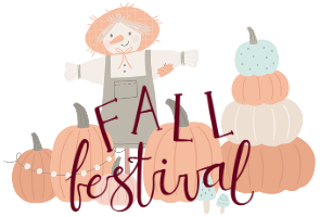 A scarecrow and pumpkins with fall festival text in the center