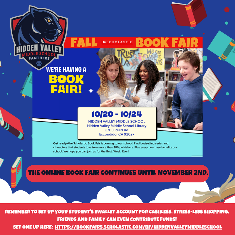 Flyer about Fall Scholastic Book Fair at Hidden Valley Middle School.