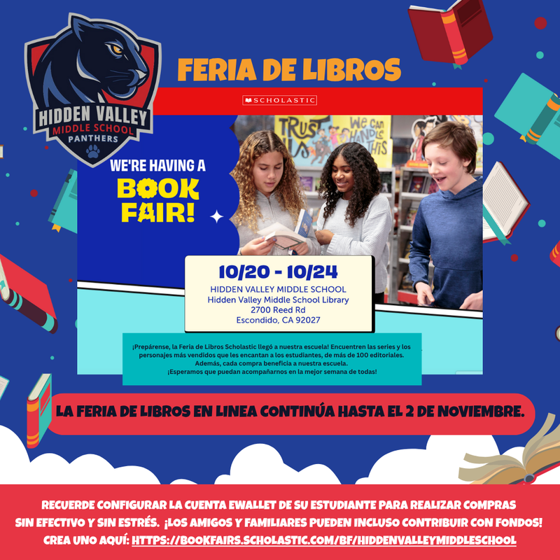 Flyer in Spanish about Fall Scholastic Book Fair at Hidden Valley Middle School.