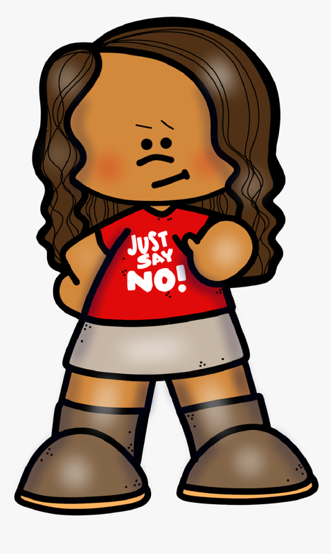 Cartoon girl wearing a red JUST SAY NO! T-shirt, gray skirt, and brown boots.