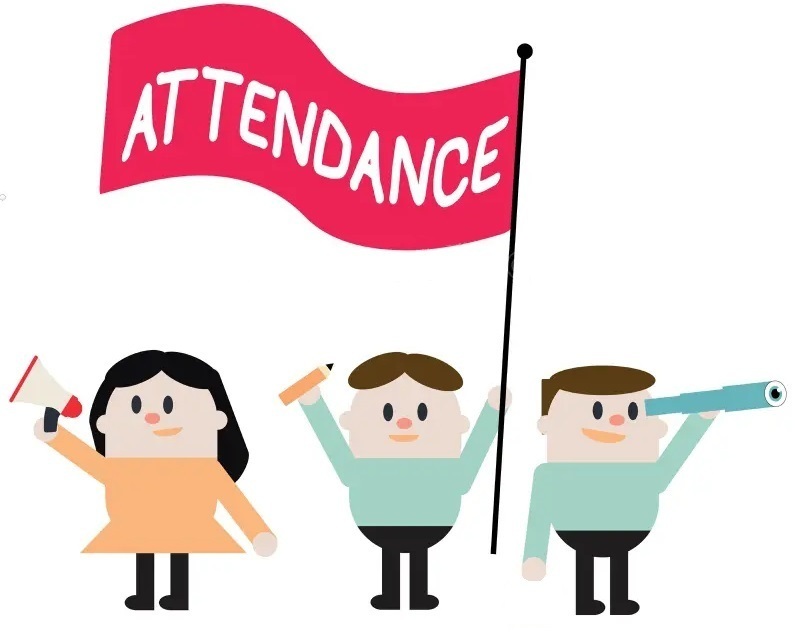 Attendance Three cartoon characters standing under a red flag that reads Attendance. One character on the left holds a megaphone the middle character raises a pencil and the character on the right looks through a telescope.