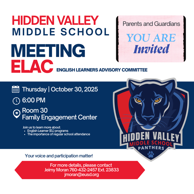 Flyer about ELAC meeting at Hidden Valley Middle School.