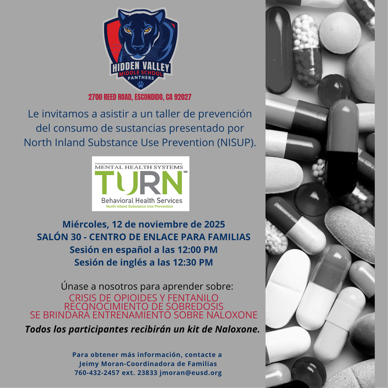 Flyer in Spanish of Substance Use Prevention Workshop on November 12, 2025, at Hidden Valley Middle School.