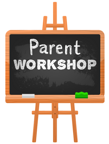 Wood-framed chalkboard on an easel with 'Parent Workshop' written in white chalk. A piece of chalk and a green eraser rest on the chalkboard ledge.