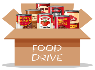 A cardboard box labeled "FOOD DRIVE" containing canned foods.