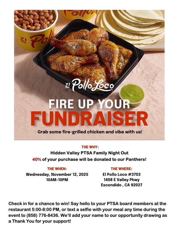 Flyer about PTSA family night out fundraiser at El Pollo Loco.