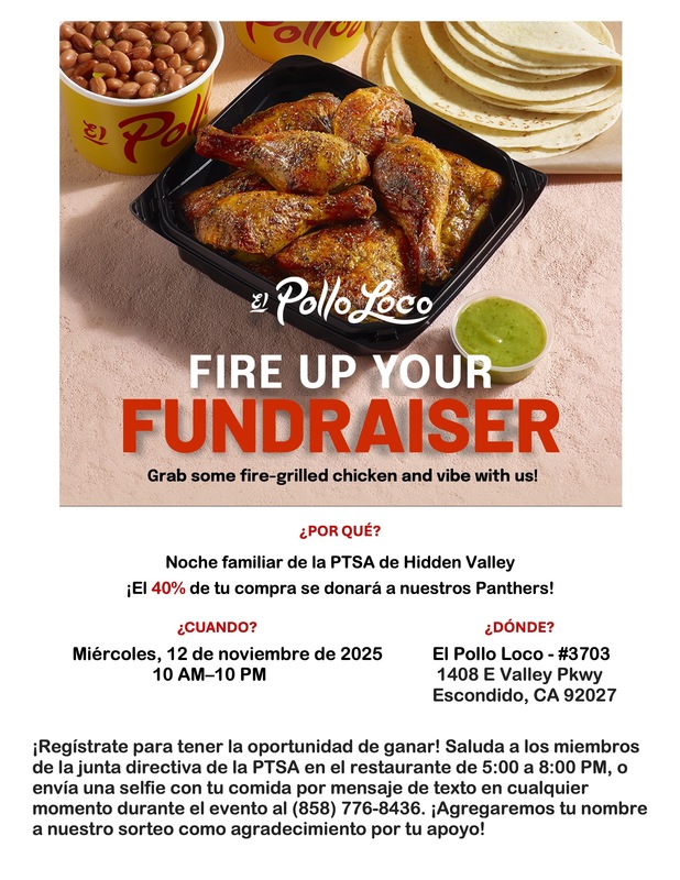 Flyer in Spanish about PTSA family night out fundraiser at El Pollo Loco