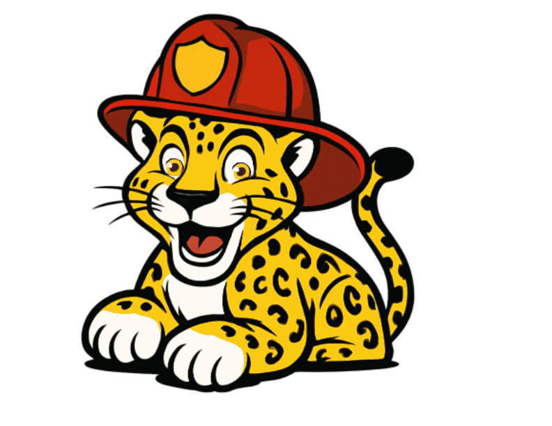 Cartoon Jaguar wearing a red firefighter helmet, smiling widely.