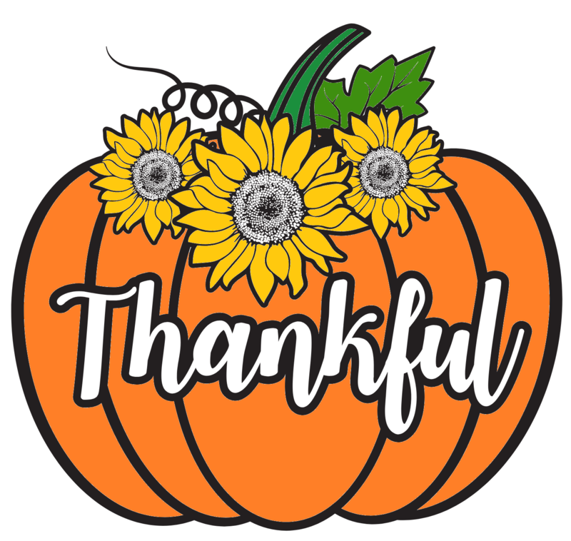 A pumpkin with sunflowers on it and the word Thankful across.