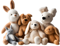A group of plush toy animals, including rabbits and dogs, in various colors and sizes